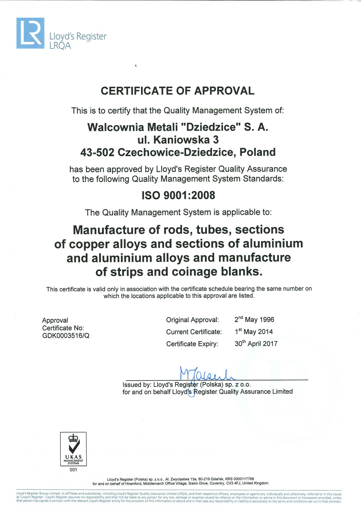 Certificates - Walcownia Metali Czechowice